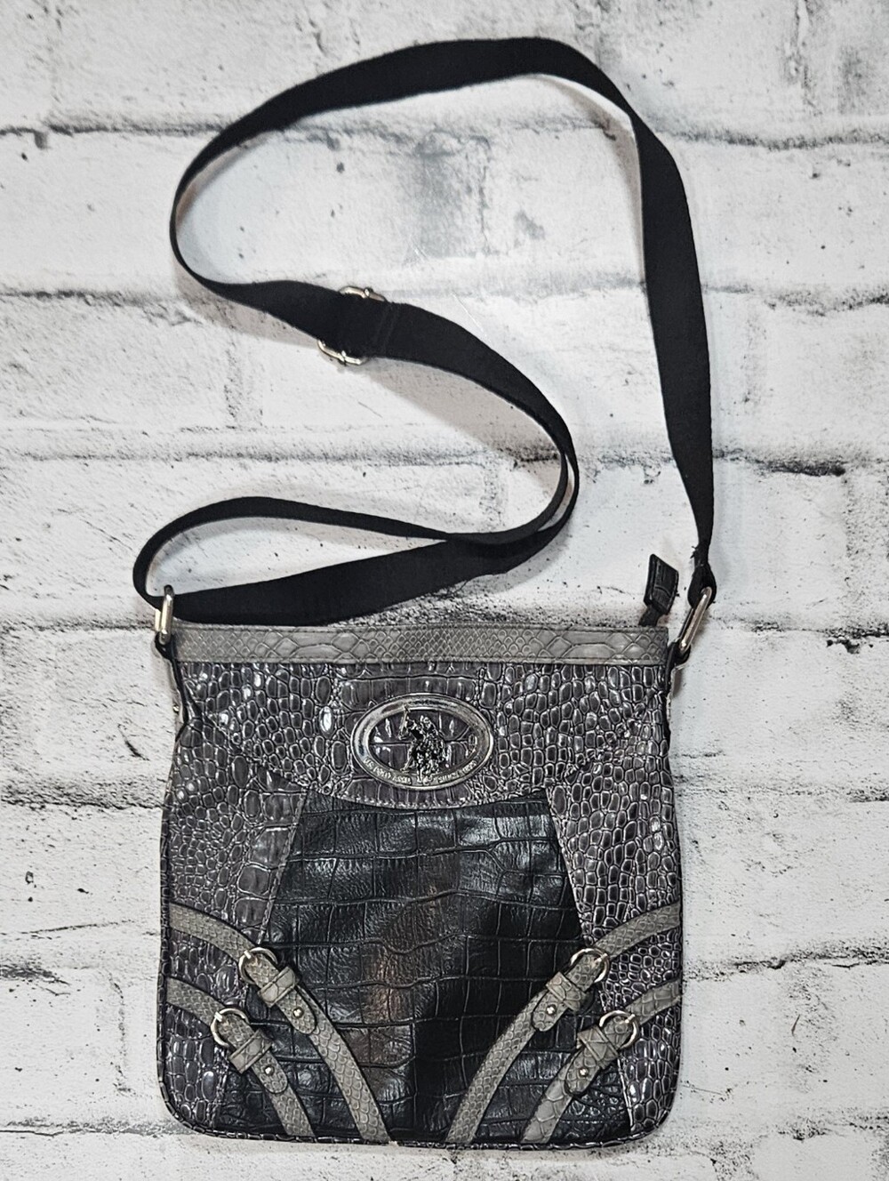 U.S. Polo Assn Croc Embossed Crossbody Bag Gray Black Messenger Purse